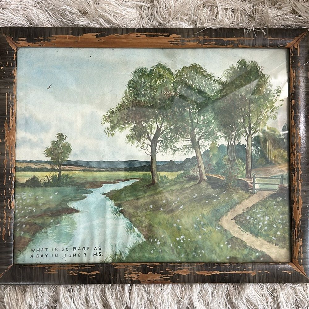 Vintage Landscape Watercolor With Quote Unsigned Wooden Frame Very Old Rustic